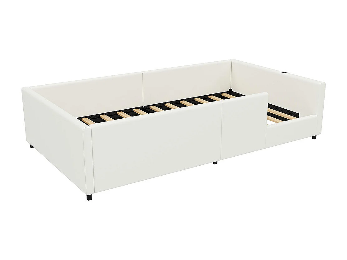 Lit plateforme rembourré 90 x 200 cm avec barrières de sécurité et station de recharge, blanc