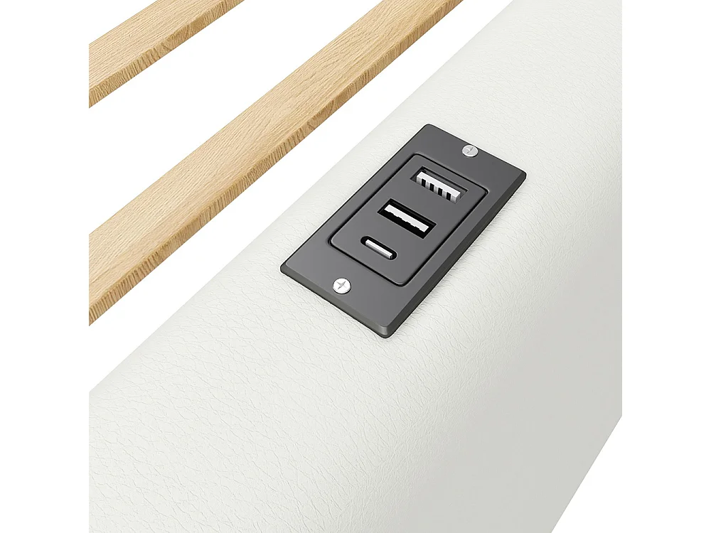 Lit plateforme rembourré 90 x 200 cm avec barrières de sécurité et station de recharge, blanc