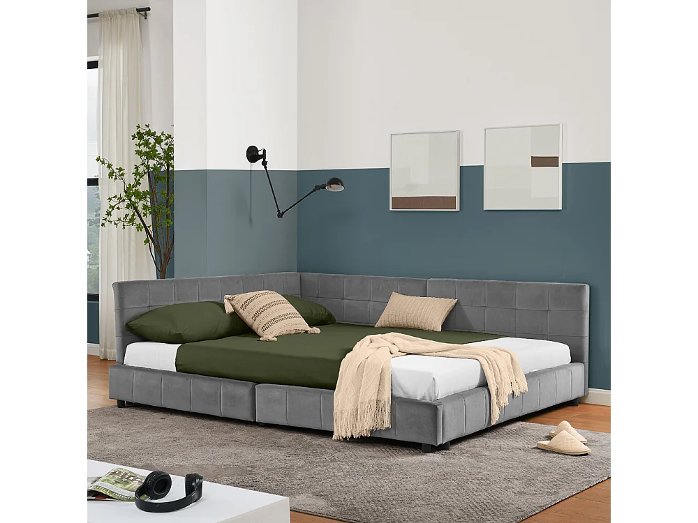 Cama de casal 140 × 200 cm, design em veludo suave para a pele, encosto alto, cinza (colchão não incluído)