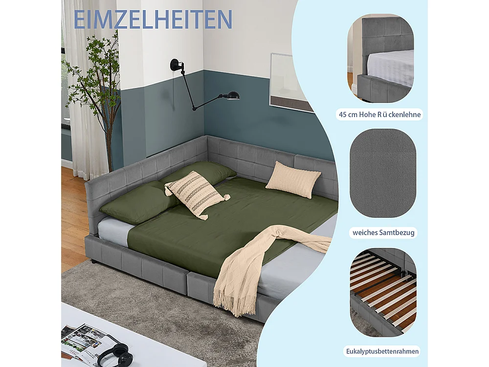 Cama de casal 140 × 200 cm, design em veludo suave para a pele, encosto alto, cinza (colchão não incluído)