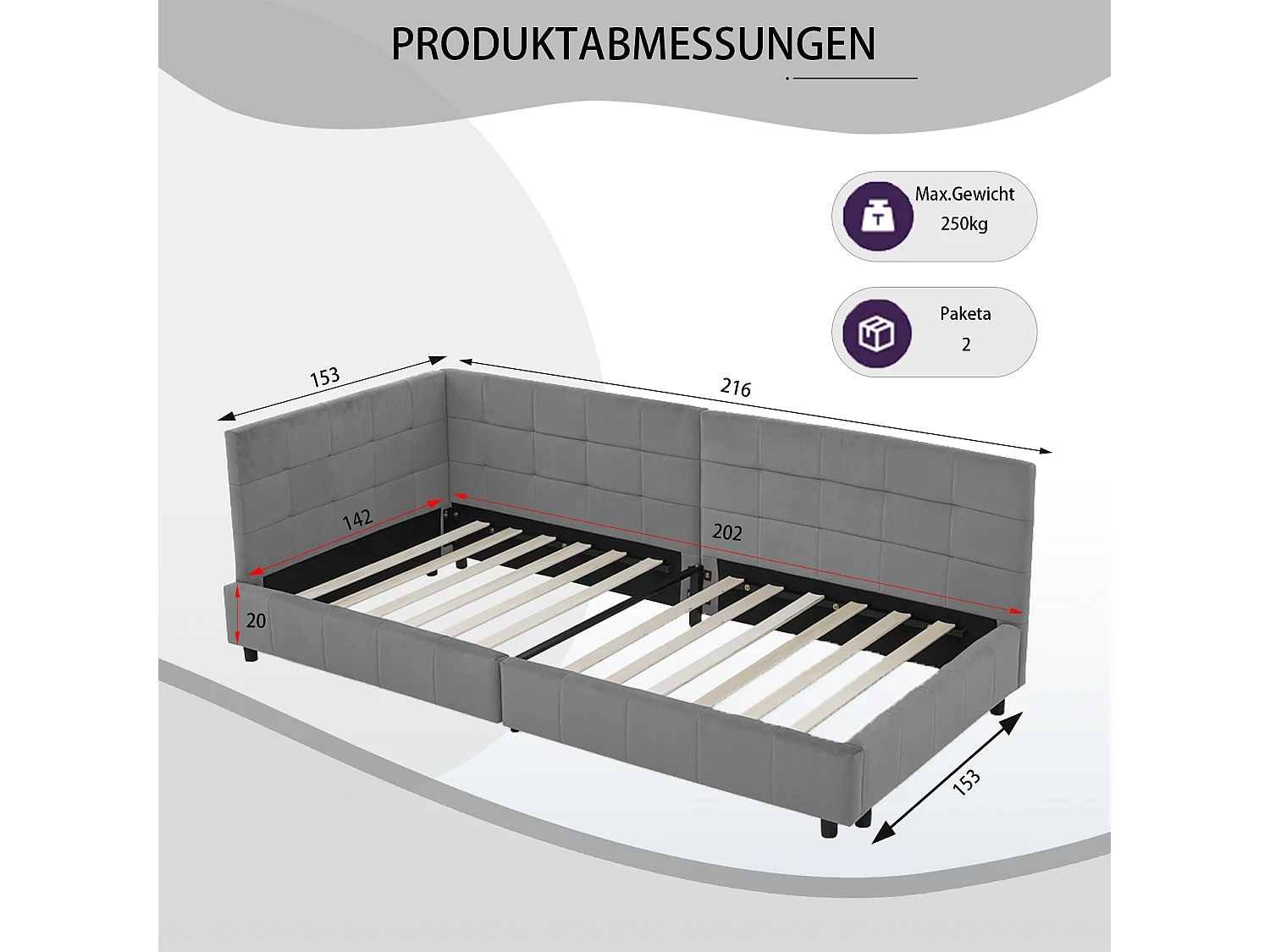 Cama de casal 140 × 200 cm, design em veludo suave para a pele, encosto alto, cinza (colchão não incluído)