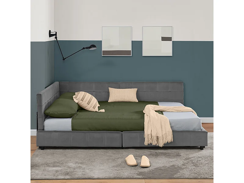 Lit double 140 × 200 cm, design en velours doux pour la peau, dossier haut, gris (matelas non inclus)