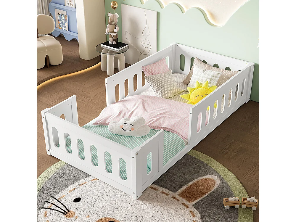 Lit plateforme, 90 x 200 cm, avec barrières de sécurité, en bois, blanc