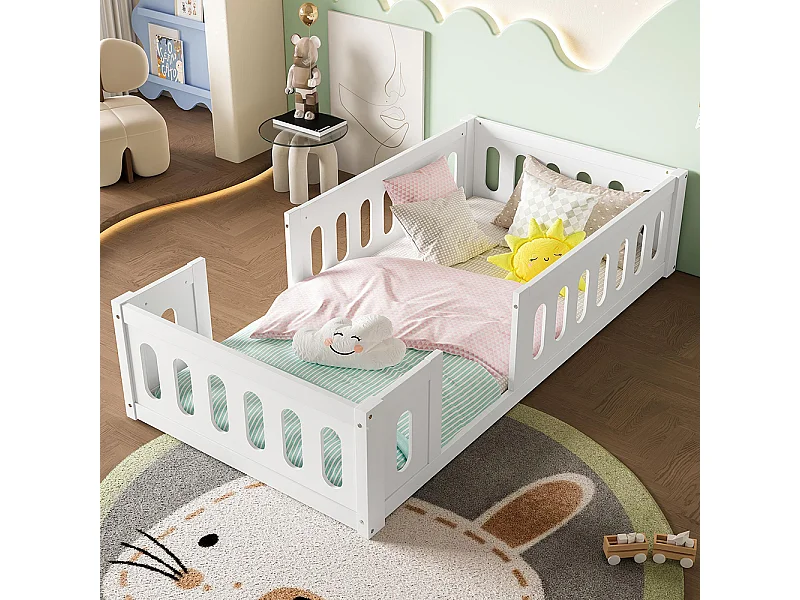 Lit plateforme, 90 x 200 cm, avec barrières de sécurité, en bois, blanc