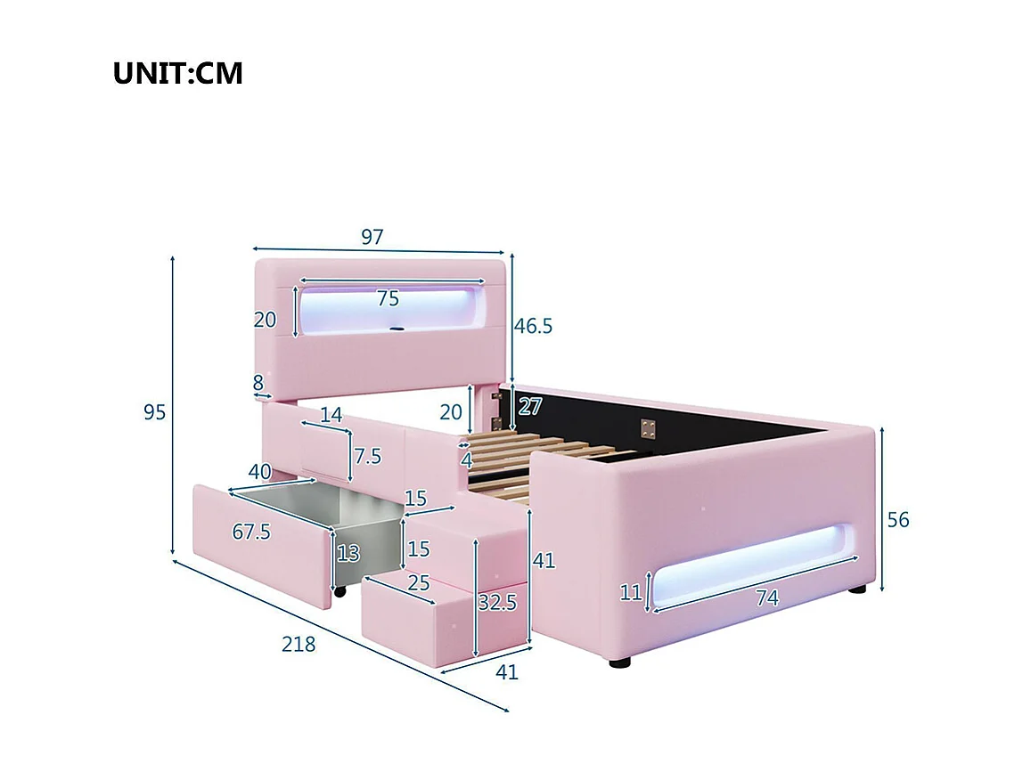 Lit plateforme rembourré, 90 x 200 cm, avec marches, tiroirs, bande lumineuse LED et sac de rangement, rose