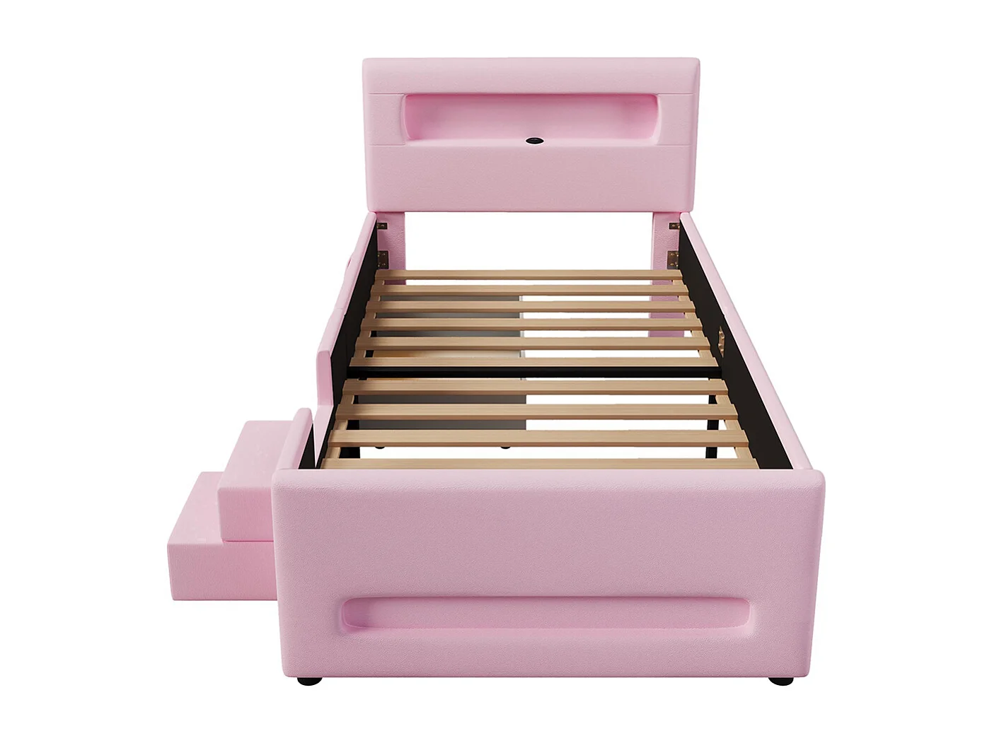 Lit plateforme rembourré, 90 x 200 cm, avec marches, tiroirs, bande lumineuse LED et sac de rangement, rose