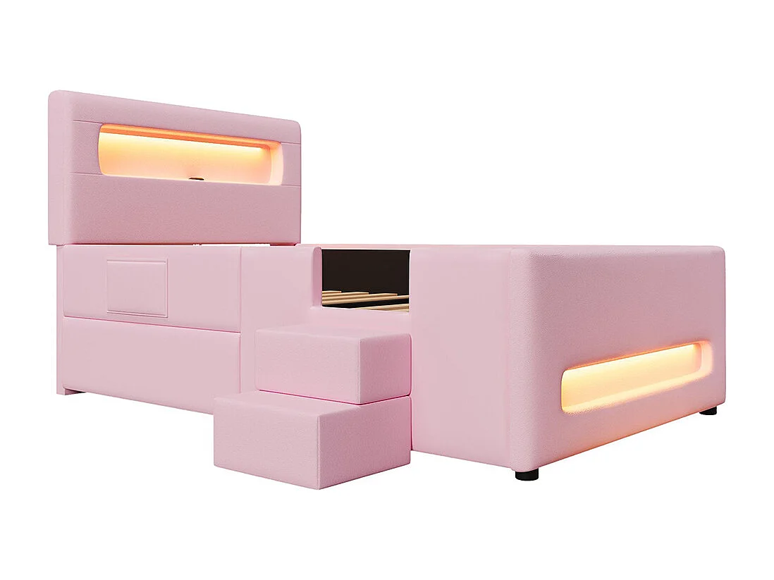 Lit plateforme rembourré, 90 x 200 cm, avec marches, tiroirs, bande lumineuse LED et sac de rangement, rose