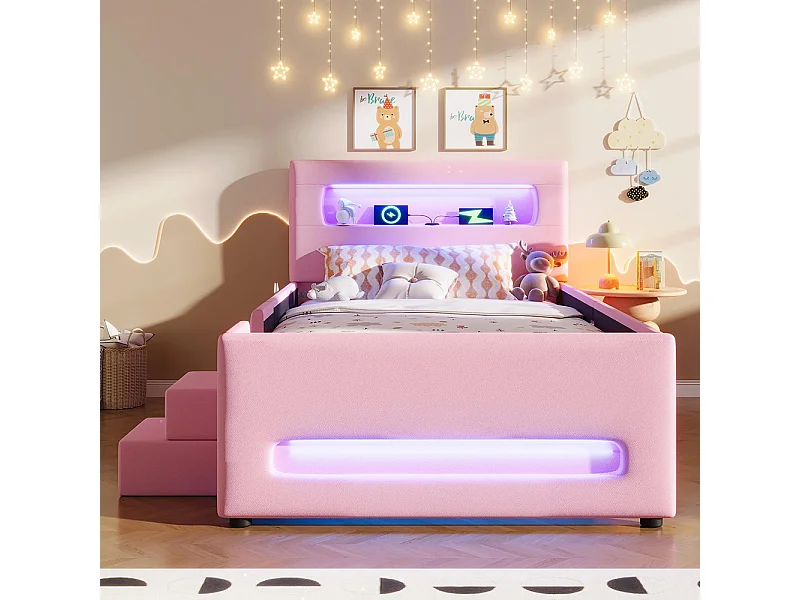 Lit plateforme rembourré, 90 x 200 cm, avec marches, tiroirs, bande lumineuse LED et sac de rangement, rose