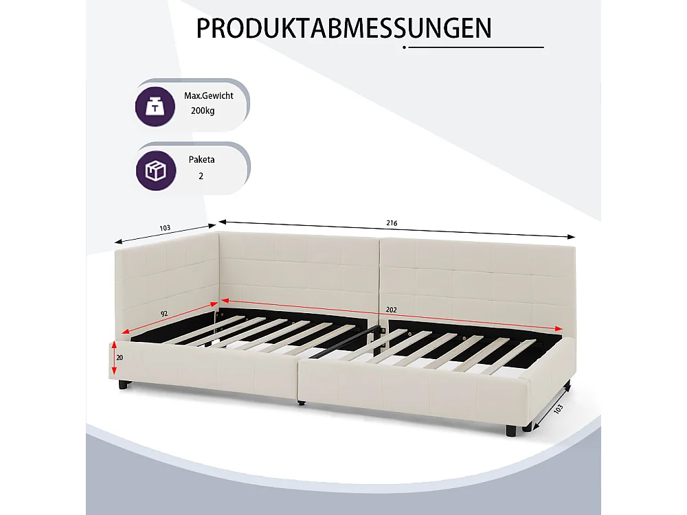 Cama individual 90 × 200 cm, design em veludo suave para a pele, encosto alto, bege (colchão não incluído)