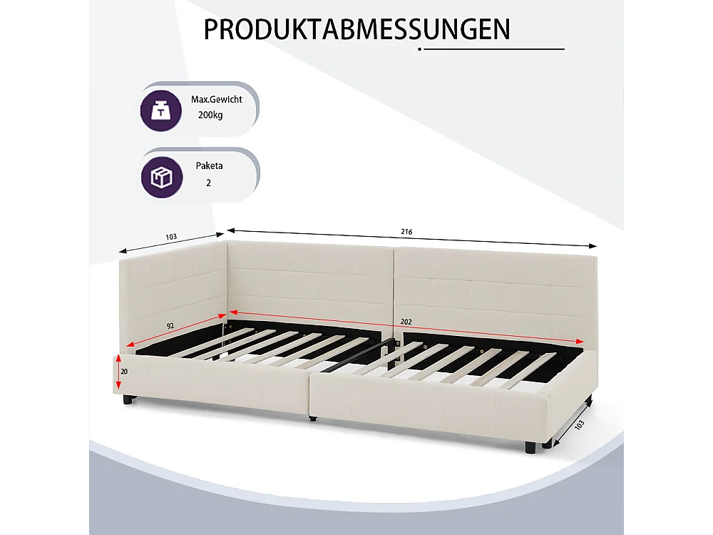 Lit simple 90 × 200 cm, design en velours doux pour la peau, dossier haut, beige (matelas non inclus)