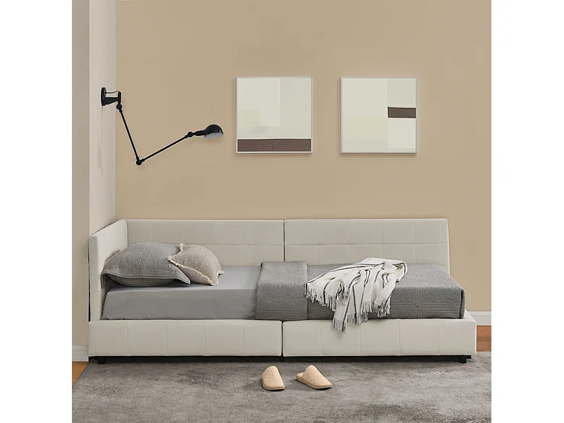 Lit simple 90 × 200 cm, design en velours doux pour la peau, dossier haut, beige (matelas non inclus)