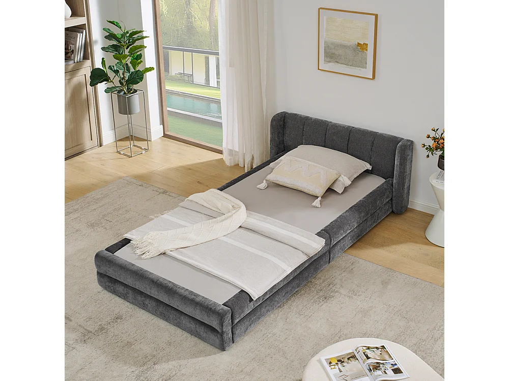 Einzelbett 90 × 200 cm, hautfreundlicher Chenille-Stoff, bequeme Rückenlehne, dunkelgrau (Matratze nicht im Lieferumfang enthalten)
