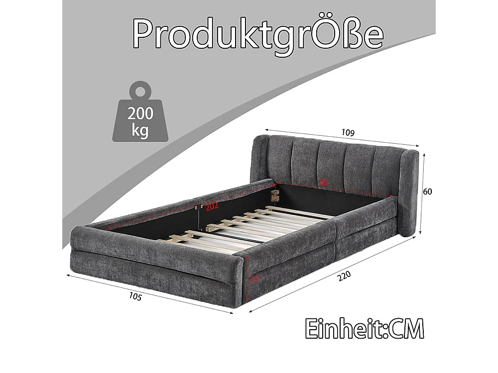 Einzelbett 90 × 200 cm, hautfreundlicher Chenille-Stoff, bequeme Rückenlehne, dunkelgrau (Matratze nicht im Lieferumfang enthalten)