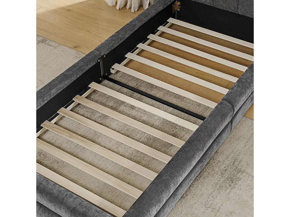 Einzelbett 90 × 200 cm, hautfreundlicher Chenille-Stoff, bequeme Rückenlehne, dunkelgrau (Matratze nicht im Lieferumfang enthalten)