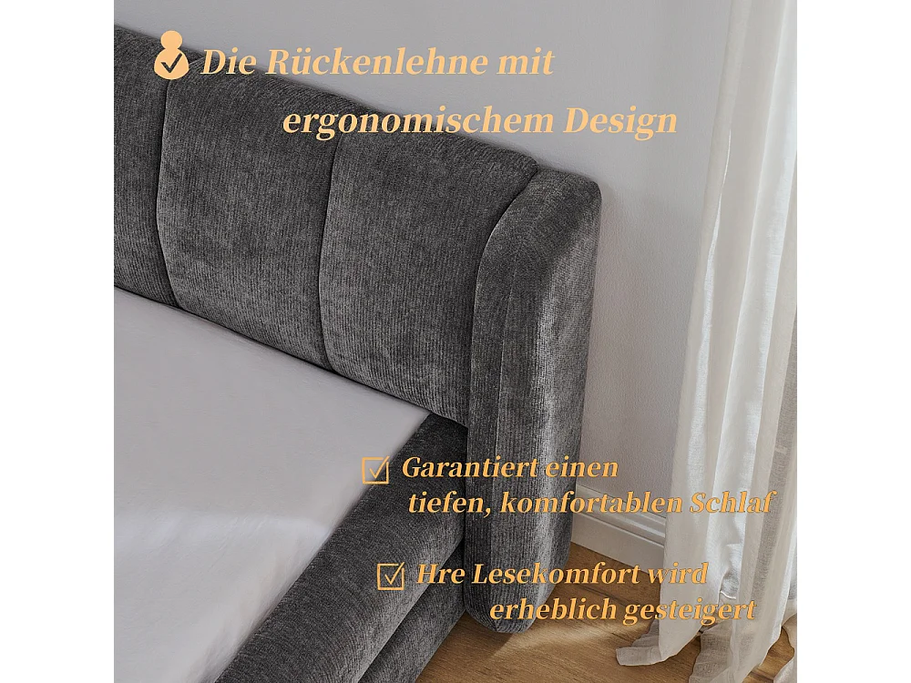 Einzelbett 90 × 200 cm, hautfreundlicher Chenille-Stoff, bequeme Rückenlehne, dunkelgrau (Matratze nicht im Lieferumfang enthalten)