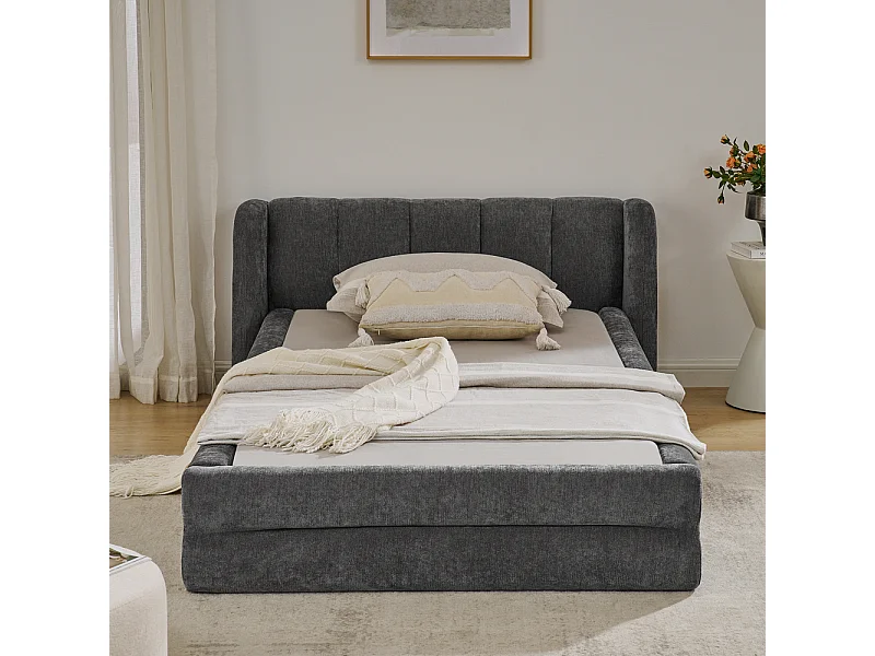 Letto singolo 90 × 200 cm, tessuto ciniglia morbido sulla pelle, schienale comodo, grigio scuro (materasso non incluso)