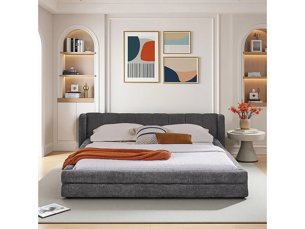 Doppelbett 140 × 200 cm, hautfreundlicher Chenille-Stoff, bequeme Rückenlehne, dunkelgrau (Matratze nicht im Lieferumfang enthalten)