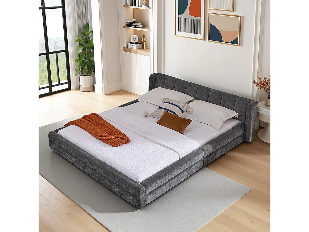 Doppelbett 140 × 200 cm, hautfreundlicher Chenille-Stoff, bequeme Rückenlehne, dunkelgrau (Matratze nicht im Lieferumfang enthalten)