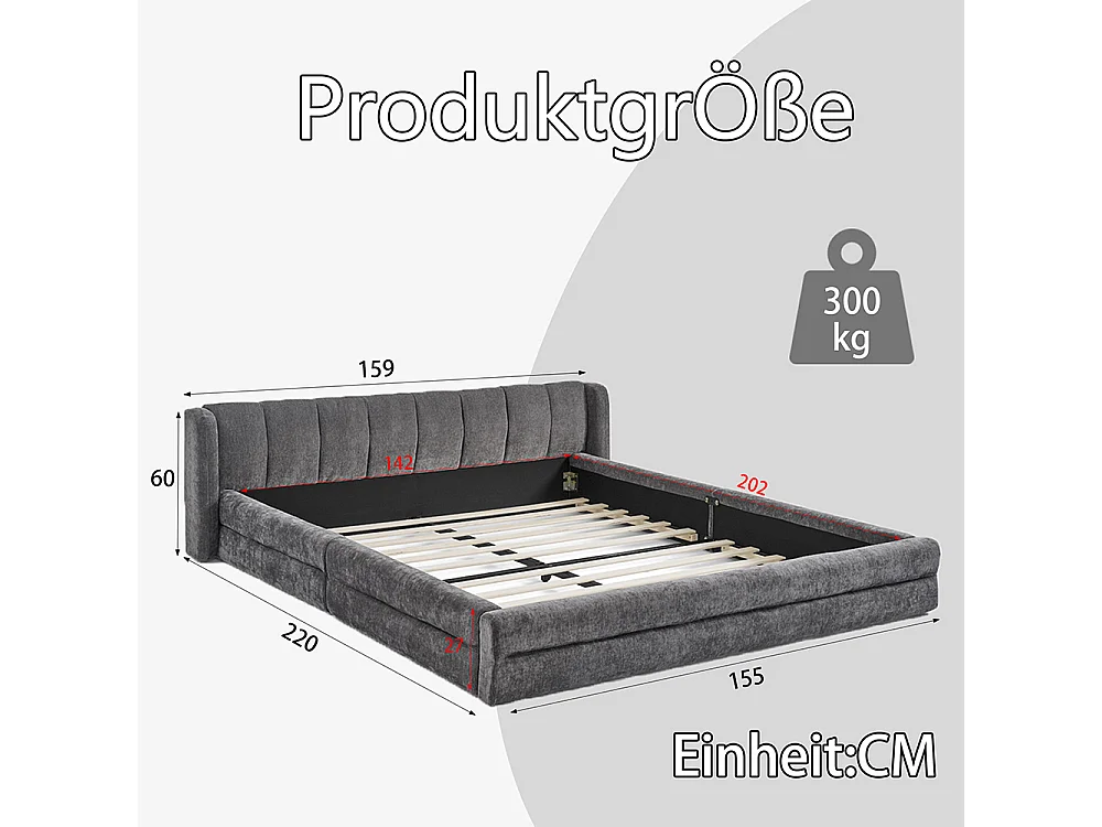 Doppelbett 140 × 200 cm, hautfreundlicher Chenille-Stoff, bequeme Rückenlehne, dunkelgrau (Matratze nicht im Lieferumfang enthalten)