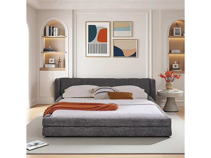 Doppelbett 140 × 200 cm, hautfreundlicher Chenille-Stoff, bequeme Rückenlehne, dunkelgrau (Matratze nicht im Lieferumfang enthalten)