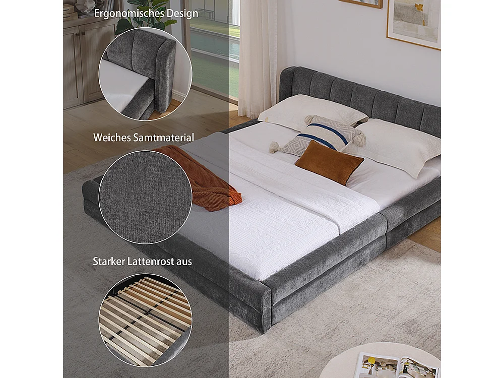 Doppelbett 160 × 200 cm, hautfreundlicher Chenille-Stoff, bequeme Rückenlehne, dunkelgrau (Matratze nicht im Lieferumfang enthalten)