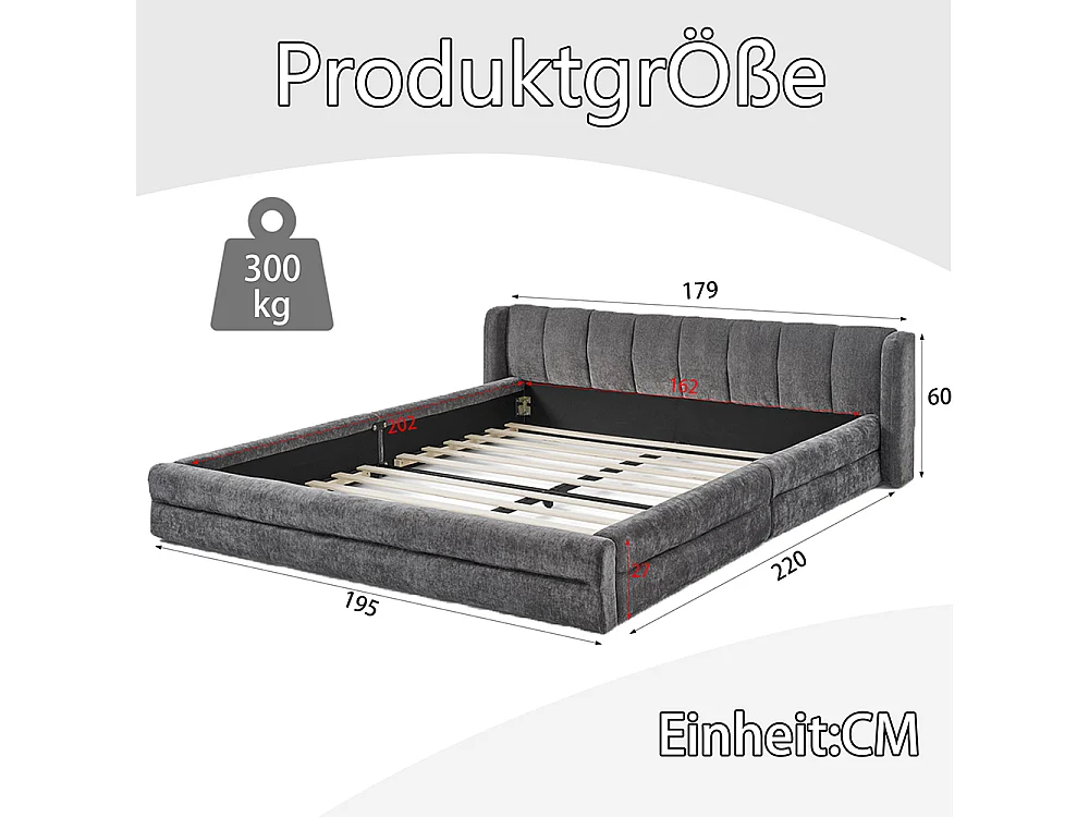 Doppelbett 160 × 200 cm, hautfreundlicher Chenille-Stoff, bequeme Rückenlehne, dunkelgrau (Matratze nicht im Lieferumfang enthalten)