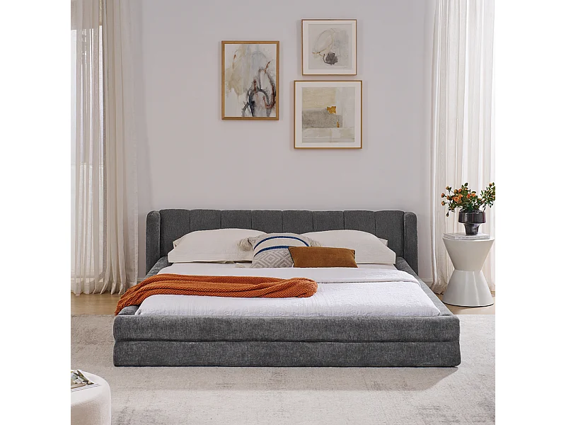 Lit double 160 × 200 cm, tissu chenille doux pour la peau, dossier confortable, gris foncé (matelas non inclus)