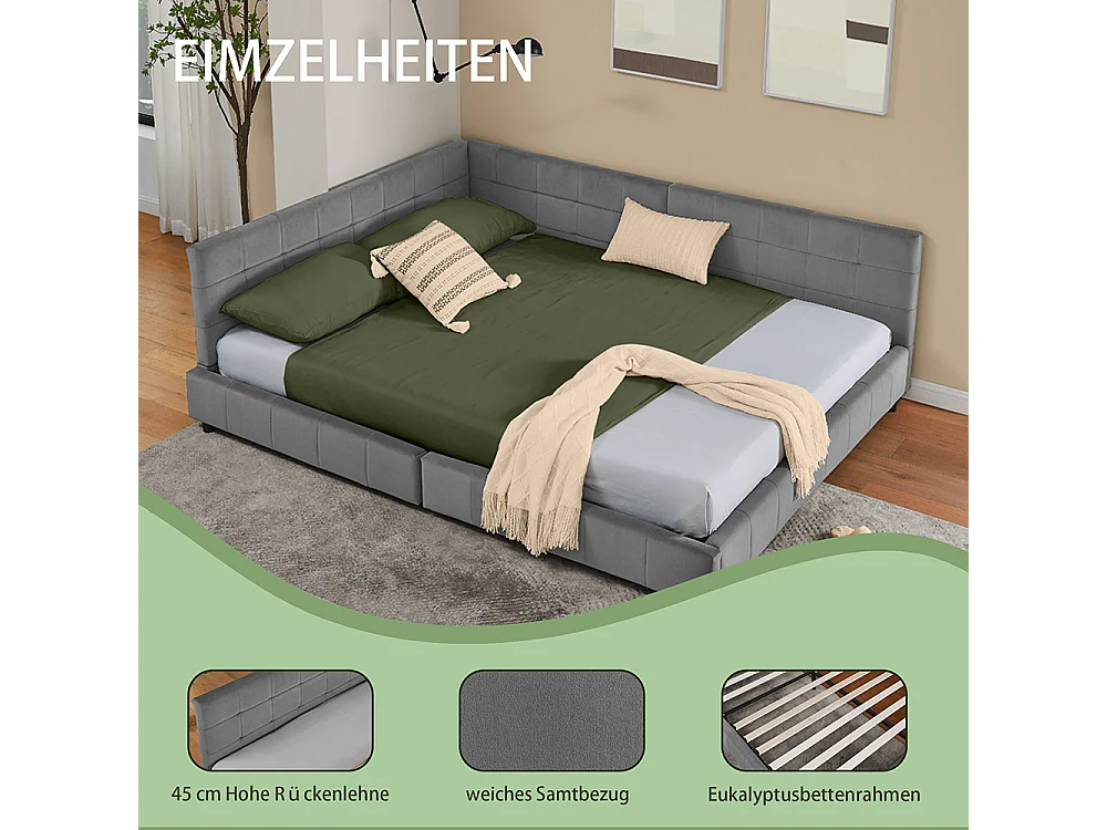 Cama de casal 160 × 200 cm, design em veludo suave para a pele, encosto alto, cinza (colchão não incluído)