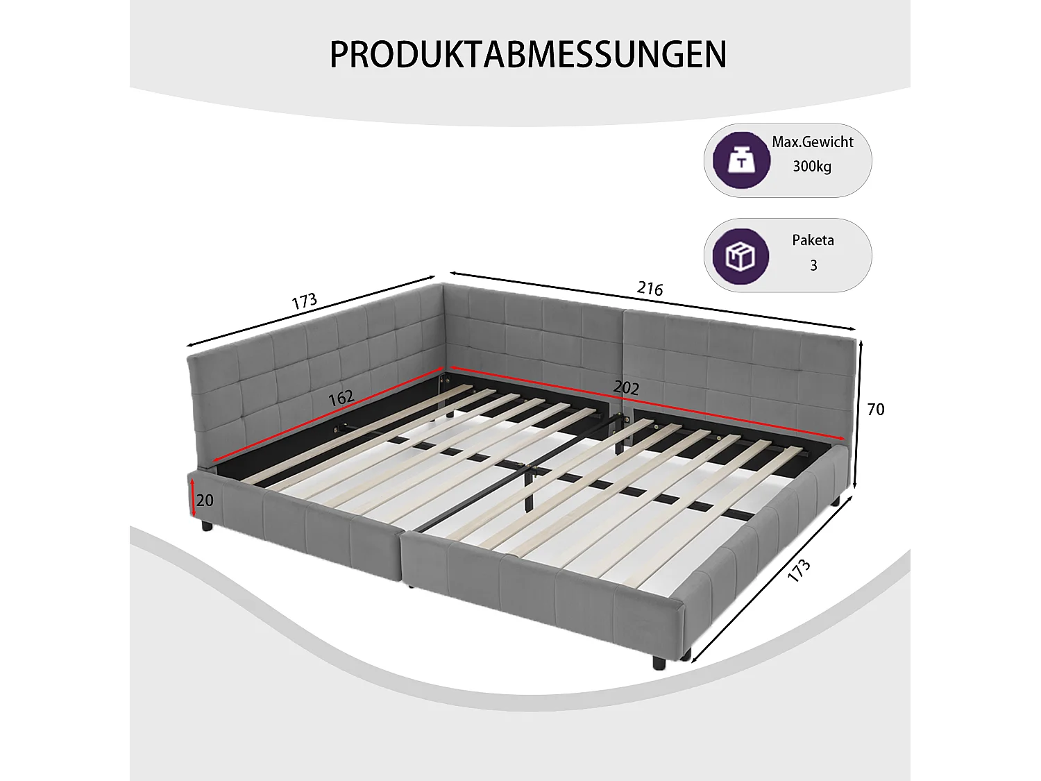 Cama de casal 160 × 200 cm, design em veludo suave para a pele, encosto alto, cinza (colchão não incluído)