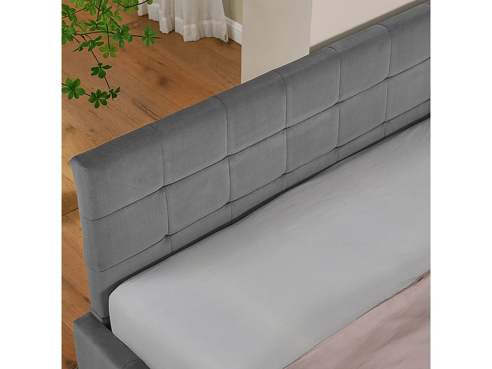 Cama de casal 160 × 200 cm, design em veludo suave para a pele, encosto alto, cinza (colchão não incluído)