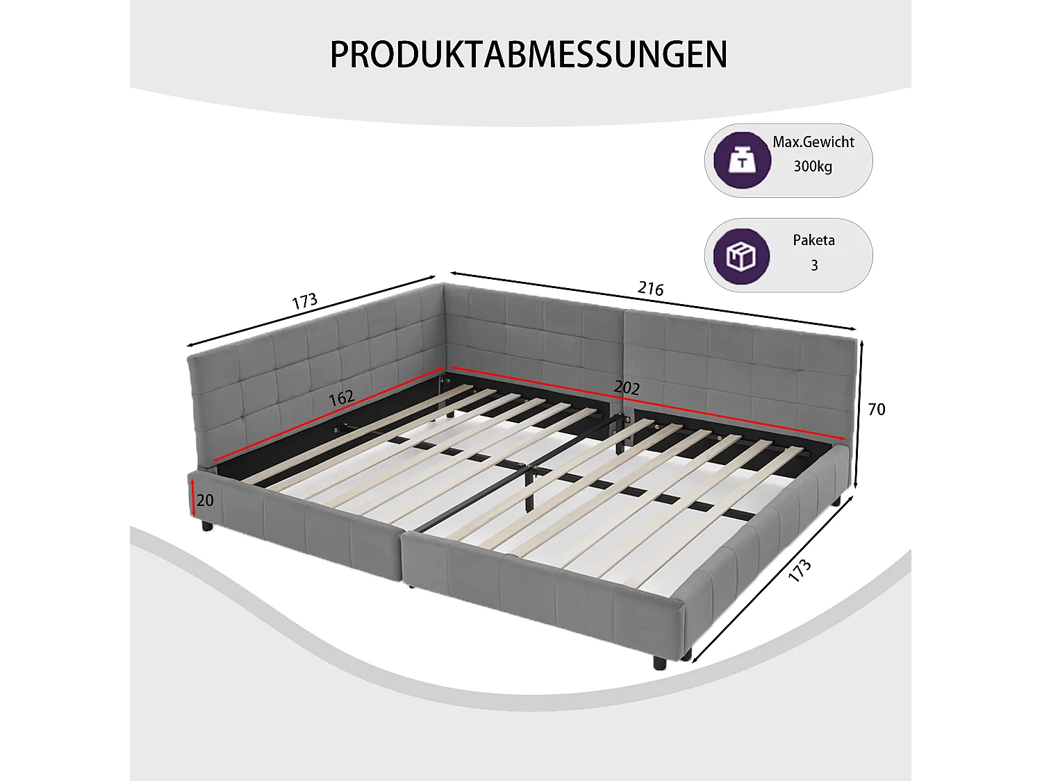 Lit double 160 × 200 cm, design en velours doux pour la peau, dossier haut, gris (matelas non inclus)