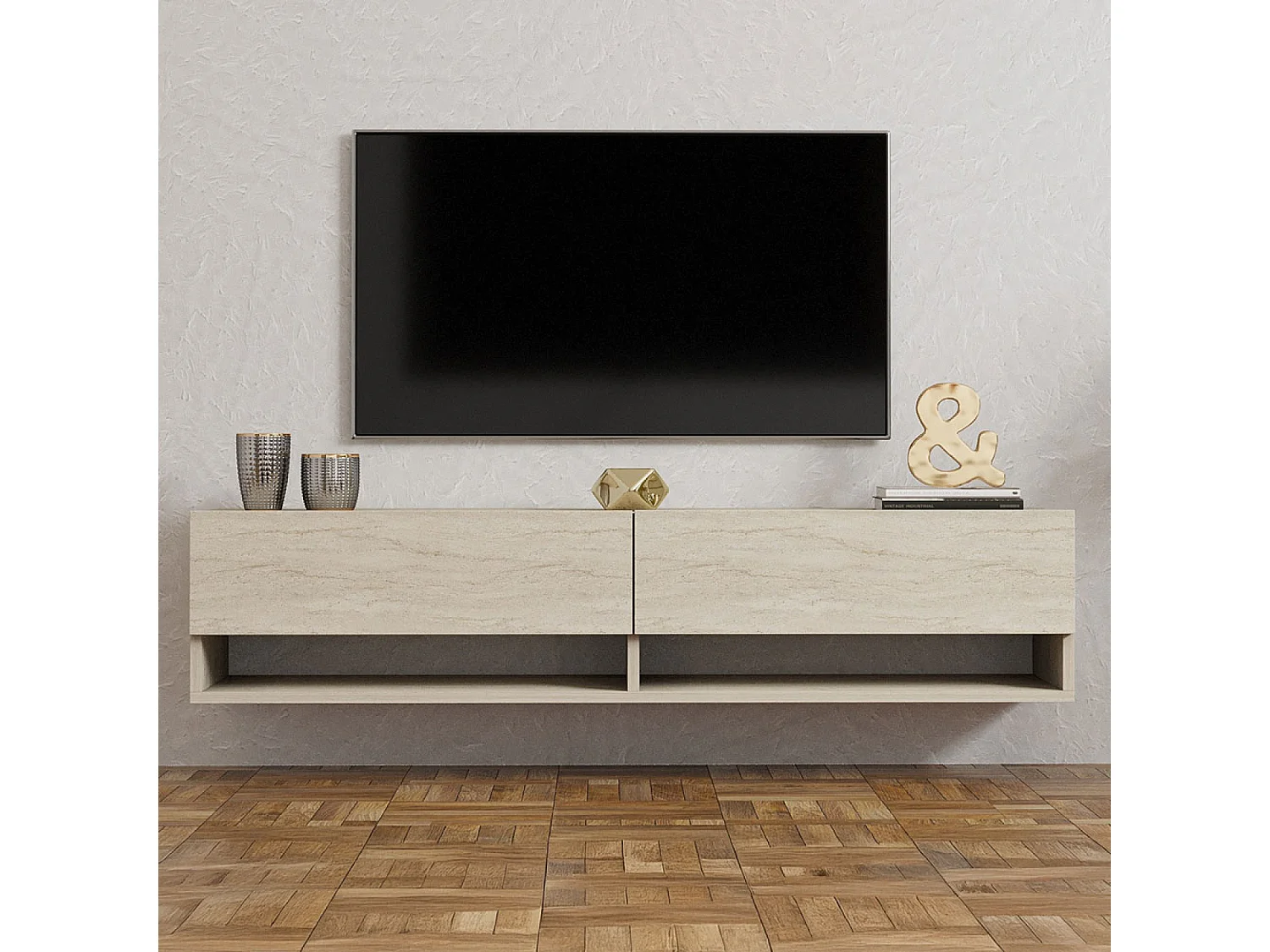 Meuble TV suspendu avec placards et étagères aspect travertin 140cm SARTY