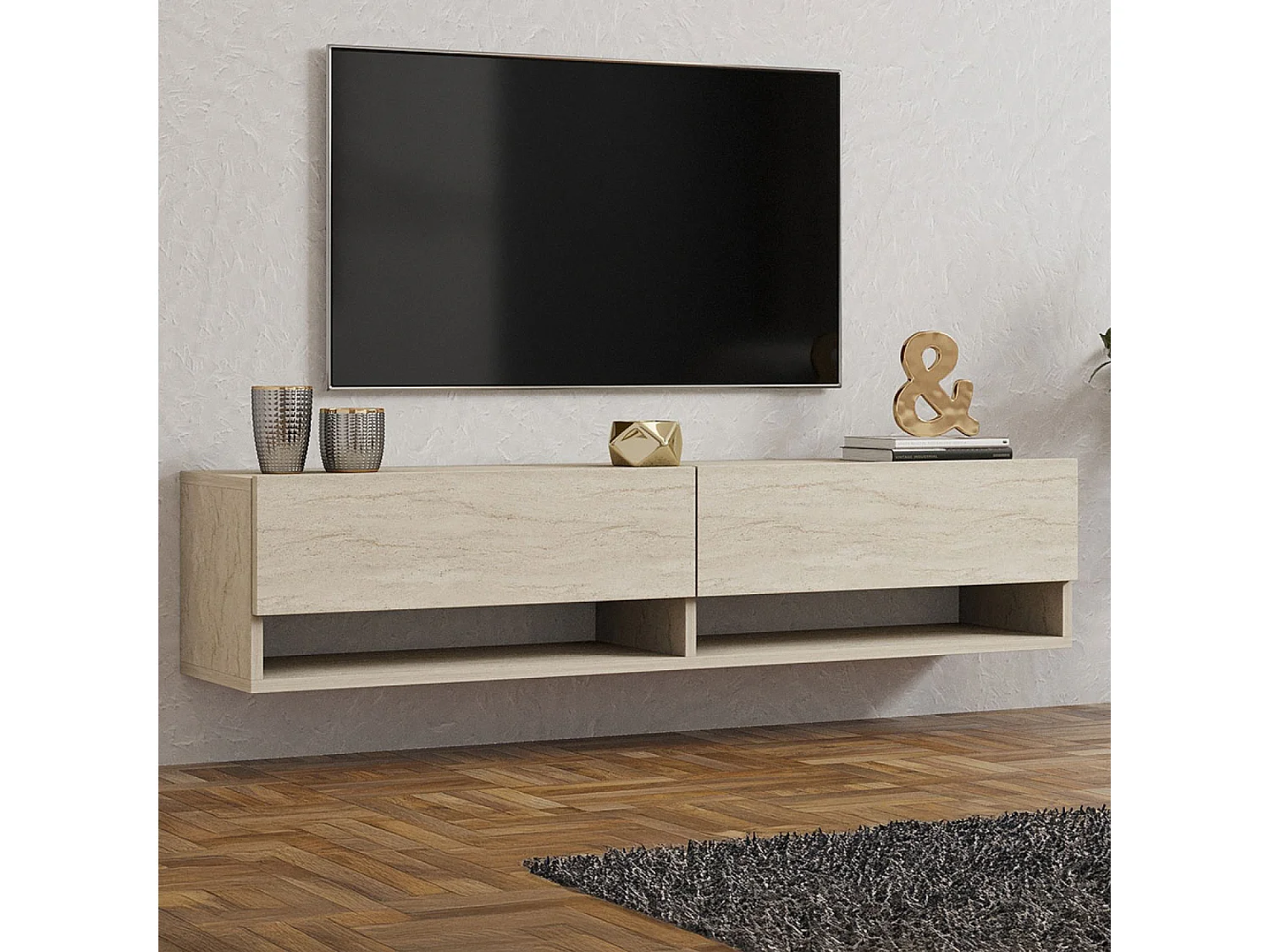 Meuble TV suspendu avec placards et étagères aspect travertin 140cm SARTY