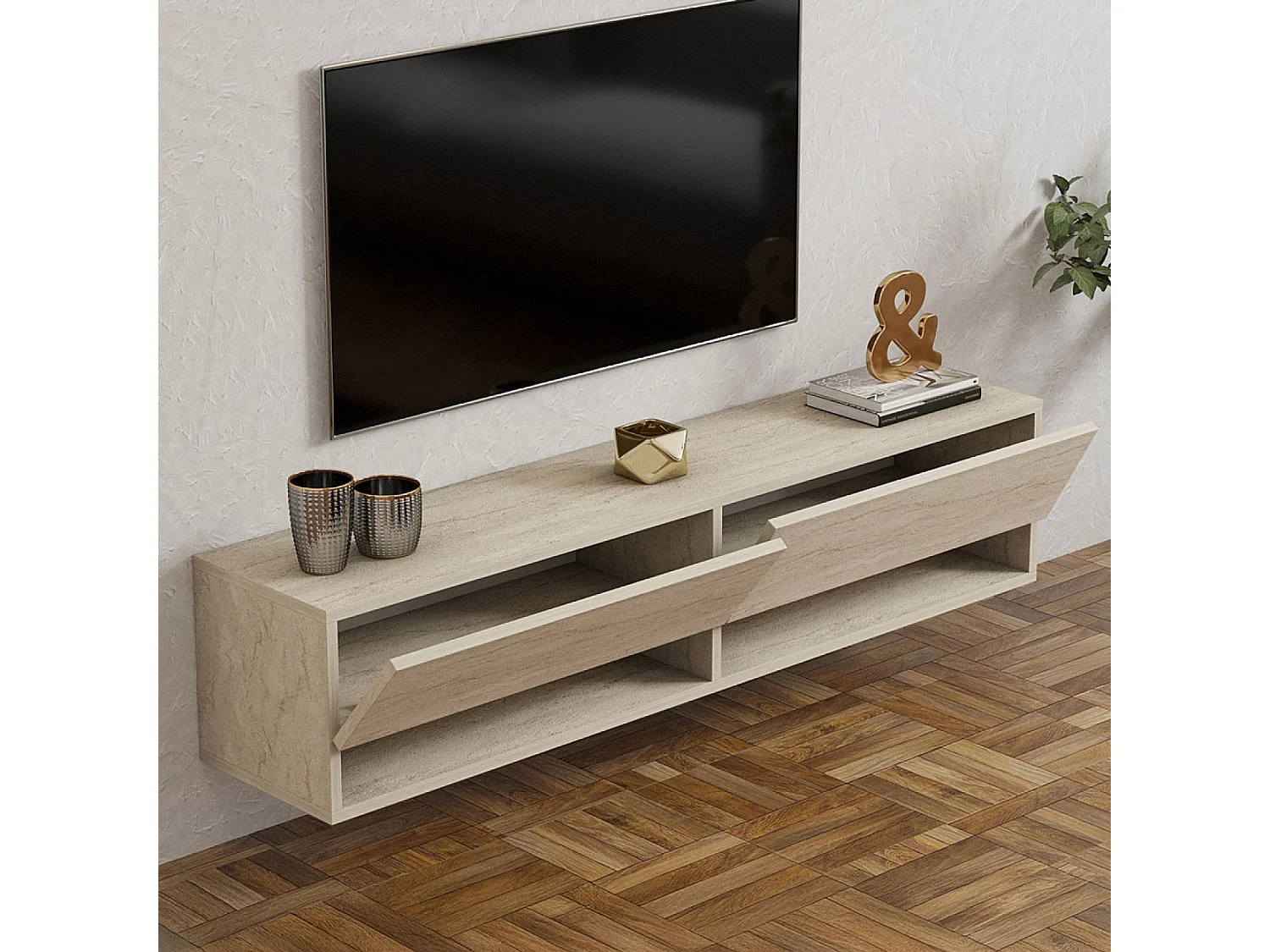 Meuble TV suspendu avec placards et étagères aspect travertin 140cm SARTY