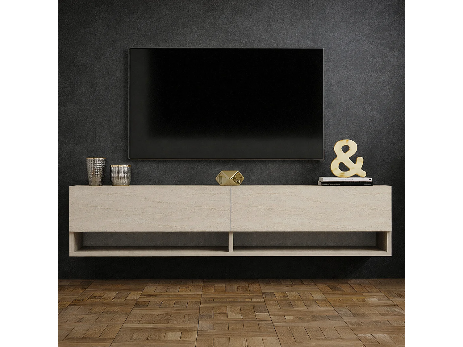 Meuble TV suspendu avec placards et étagères aspect travertin 140cm SARTY