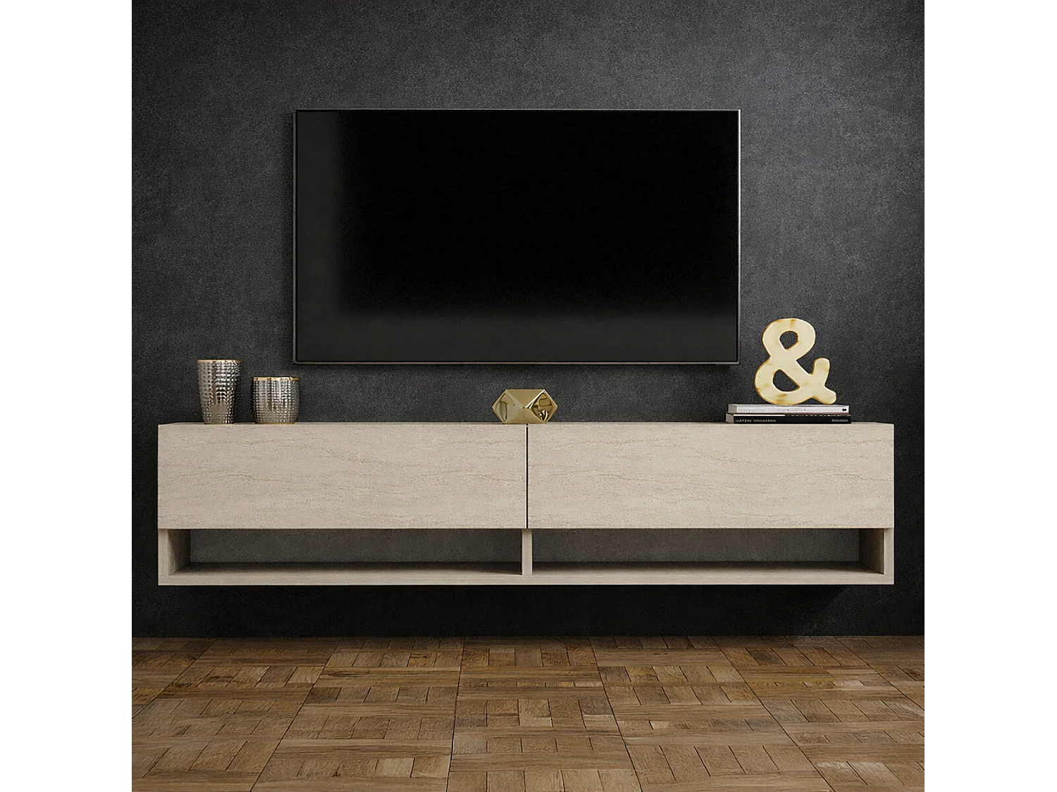 Meuble TV suspendu avec placards et étagères aspect travertin 140cm SARTY