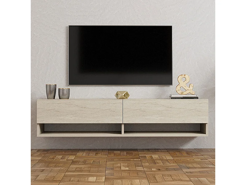 Meuble TV suspendu avec placards et étagères aspect travertin 140cm SARTY