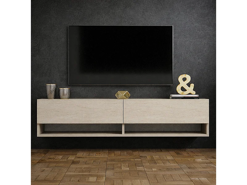 Meuble TV suspendu avec placards et étagères aspect travertin 140cm SARTY