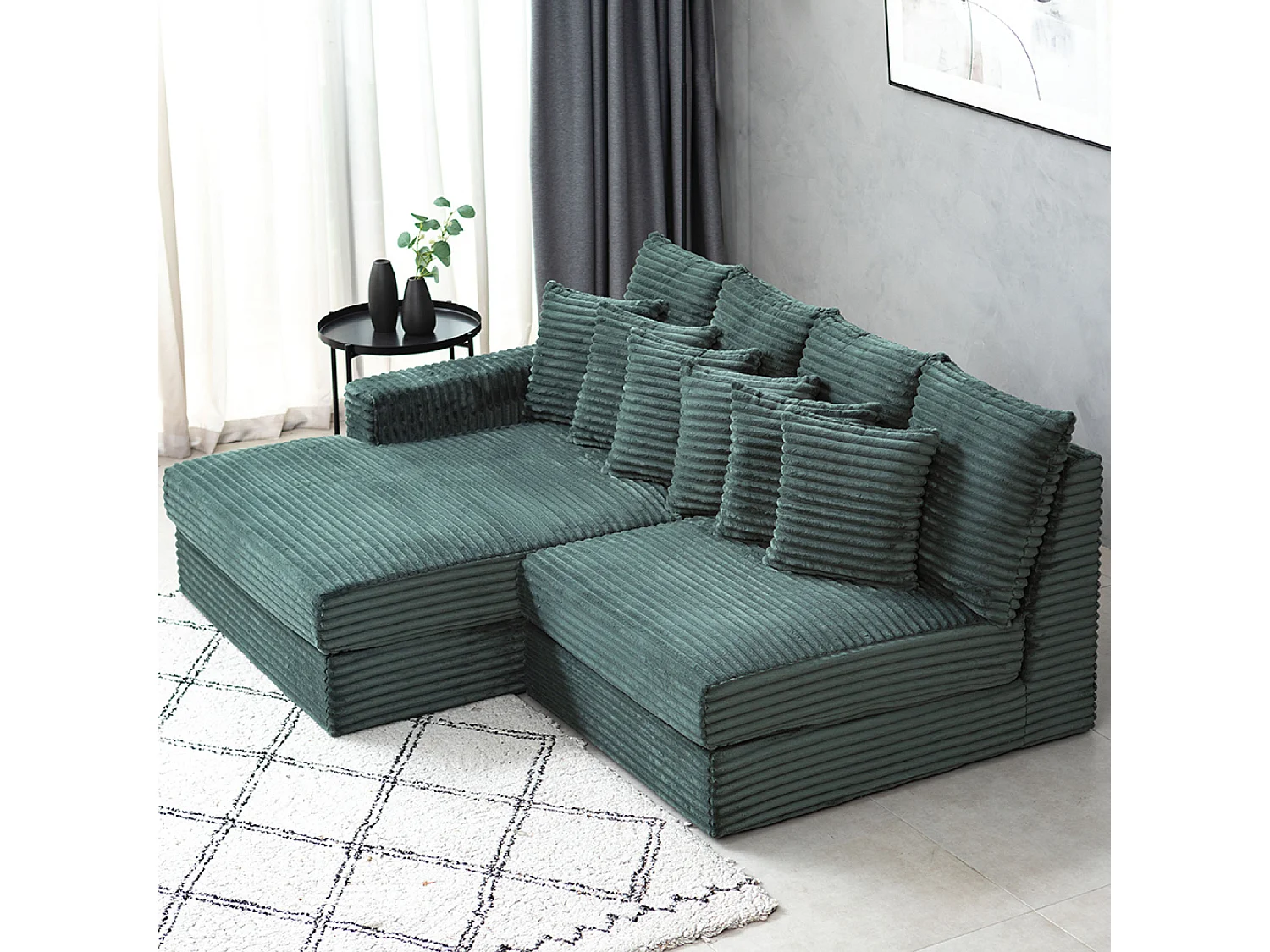 Canapé d'angle 2-3 places assise profonde en velours côtelé vert CARDIFF