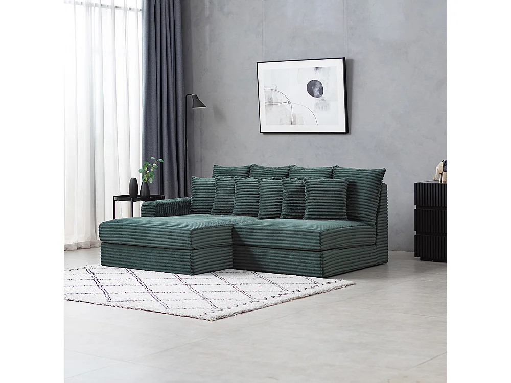 Canapé d'angle 2-3 places assise profonde en velours côtelé vert CARDIFF