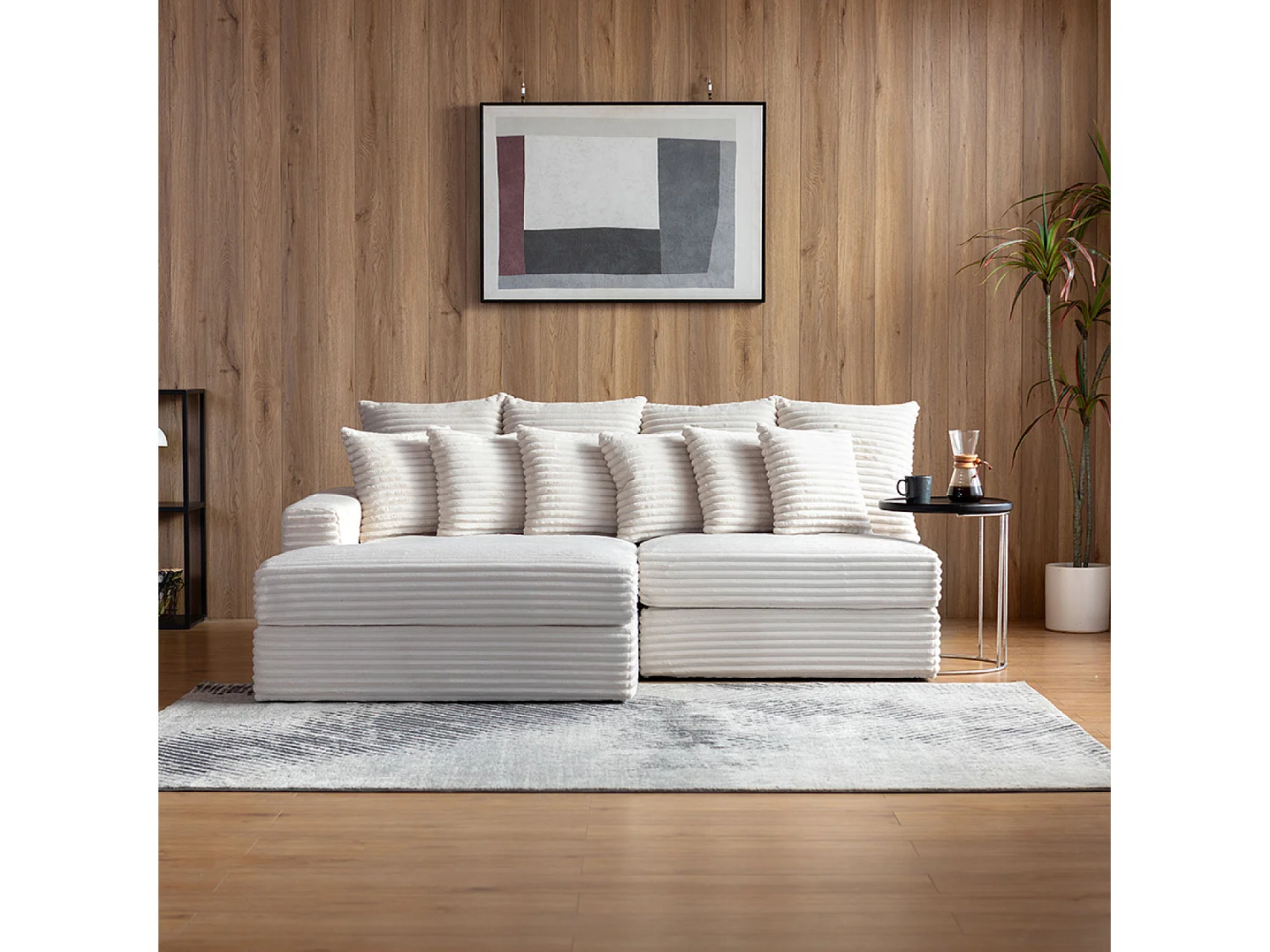 Canapé d'angle 2-3 places assise profonde en velours côtelé beige CARDIFF