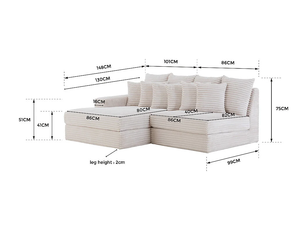 Canapé d'angle 2-3 places assise profonde en velours côtelé beige CARDIFF