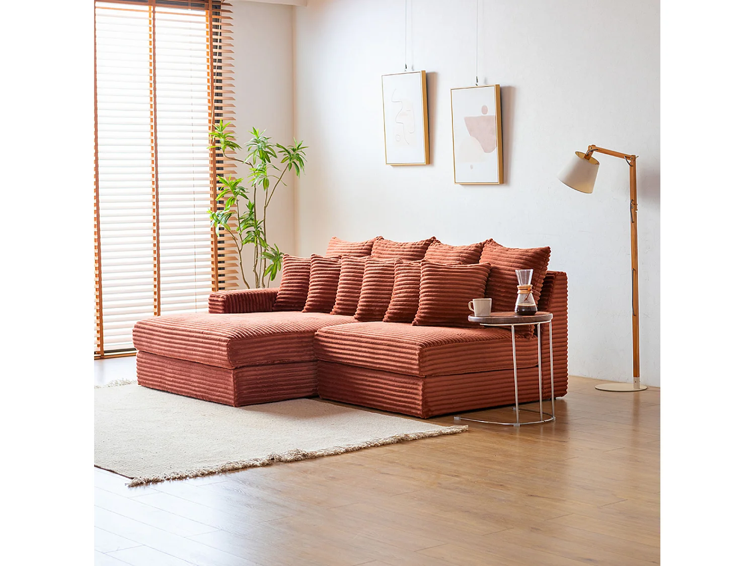 Canapé d'angle 2-3 places assise profonde en velours côtelé terracotta CARDIFF