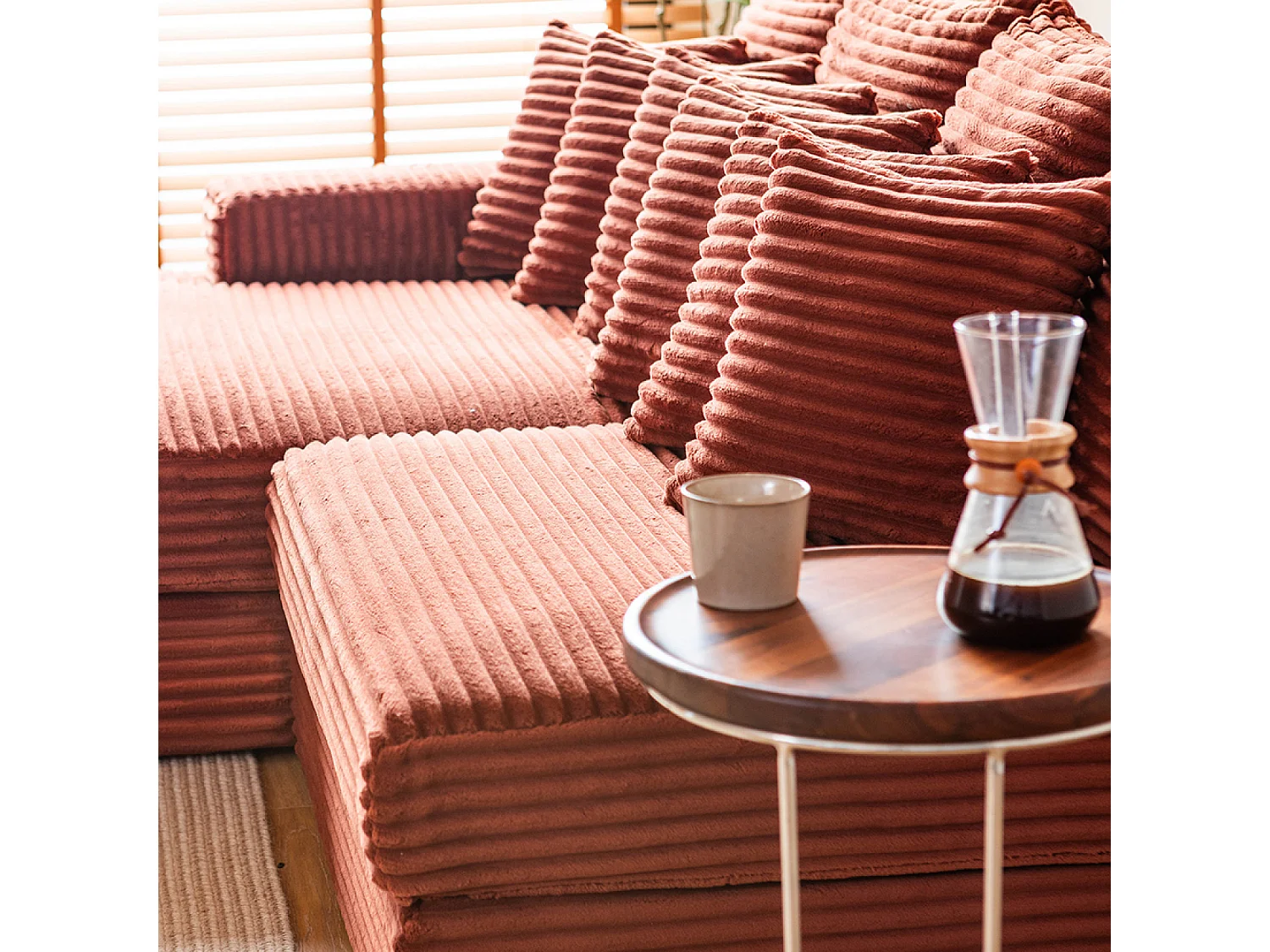 Canapé d'angle 2-3 places assise profonde en velours côtelé terracotta CARDIFF