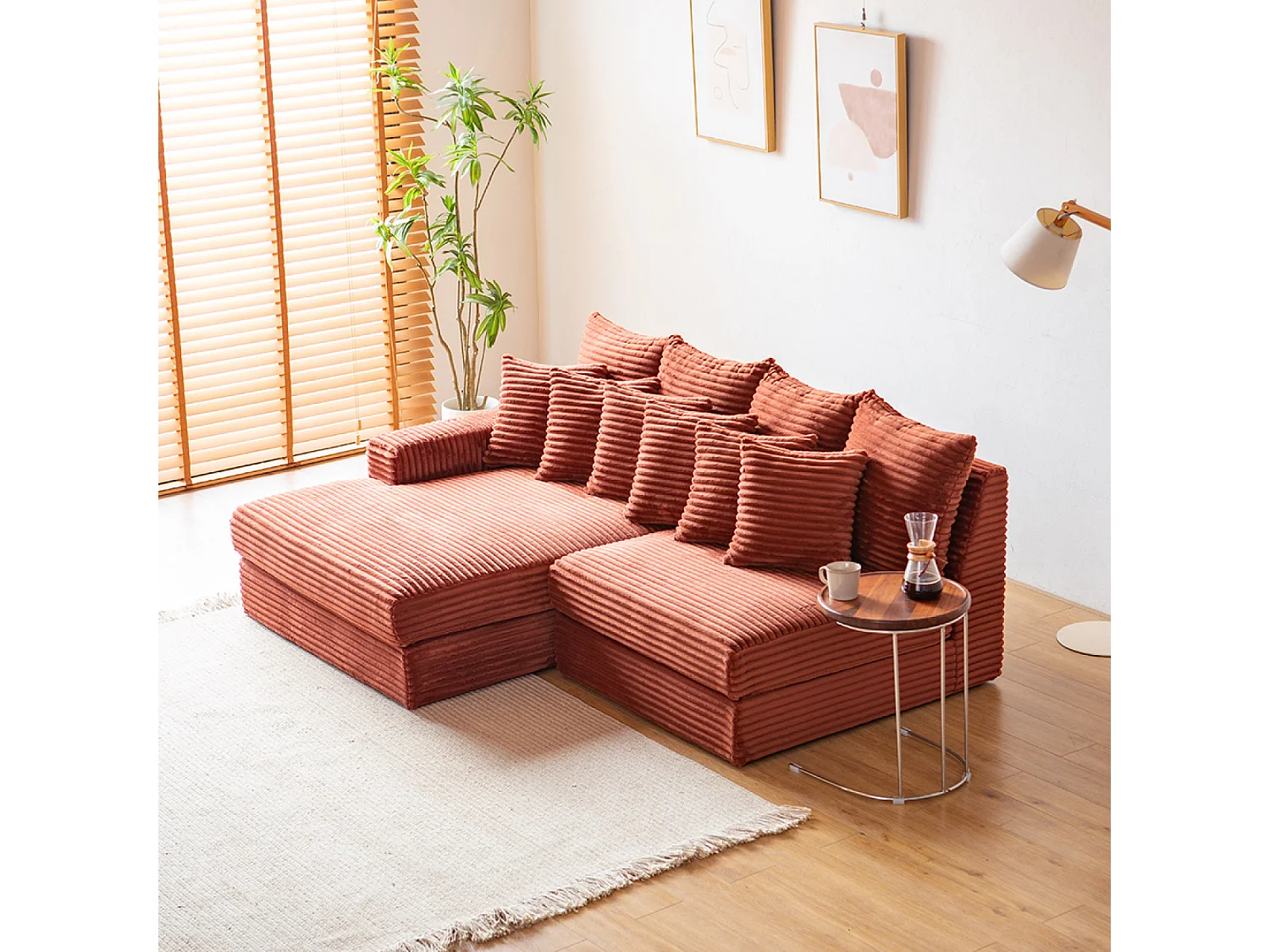 Canapé d'angle 2-3 places assise profonde en velours côtelé terracotta CARDIFF