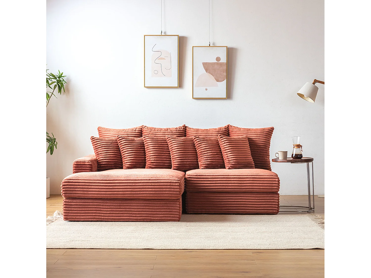 Canapé d'angle 2-3 places assise profonde en velours côtelé terracotta CARDIFF