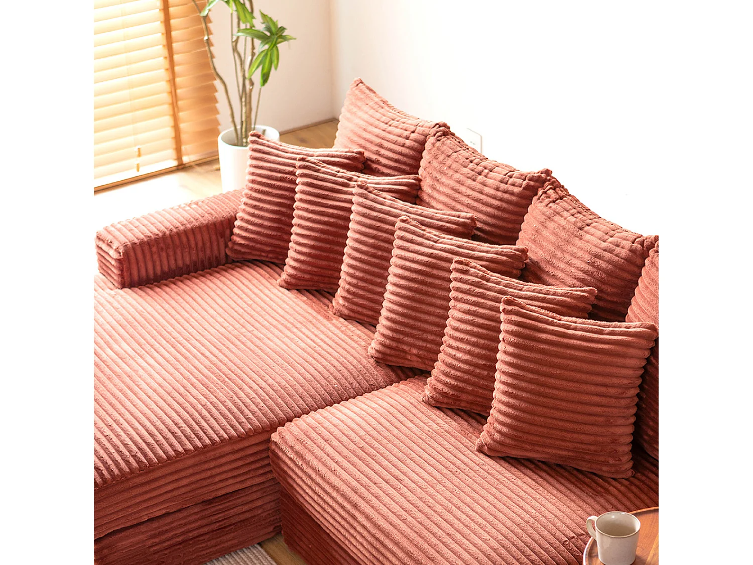 Canapé d'angle 2-3 places assise profonde en velours côtelé terracotta CARDIFF