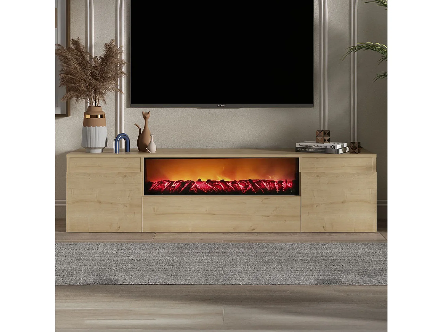 Meuble TV avec cheminée LED 180cm aspect bois PYRO