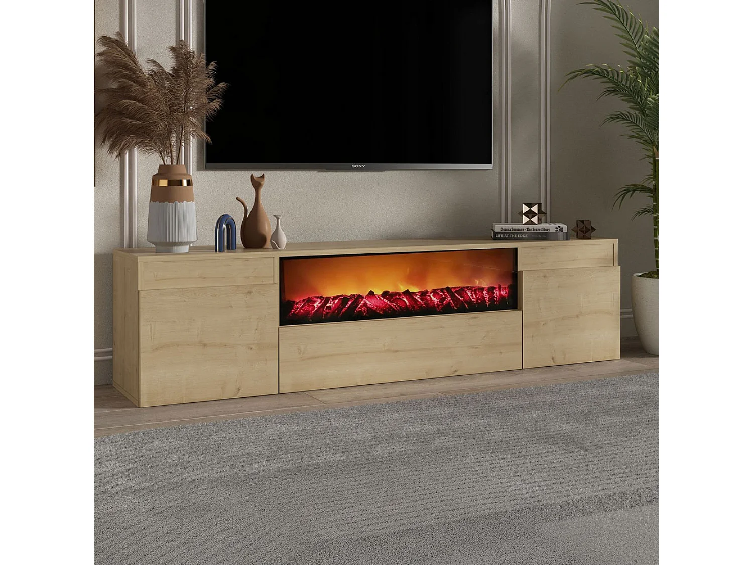 Meuble TV avec cheminée LED 180cm aspect bois PYRO