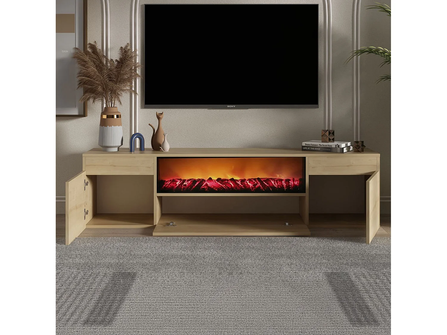 Meuble TV avec cheminée LED 180cm aspect bois PYRO